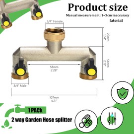 Brass Garden Outside Tap Splitter 2 Way Hose Manifold,3/4" Tap Adapter Hose Pipe Tap Splitter Outdoor,Twin Tap Connector,Faucet Splitter,Hose Bib Splitter,Dual tap Connection 2 ports with On/Off Valve