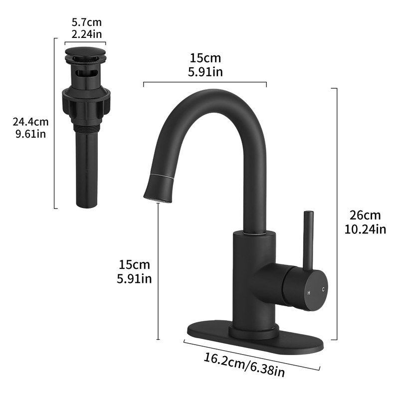 Black Bathroom Sink Faucet with Pull Out Sprayer for 1