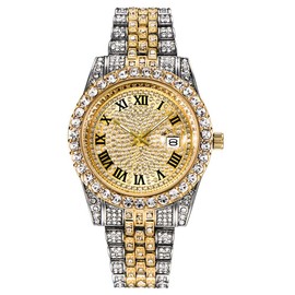 HUNRUY Iced Out Men's Diamond Watch Rhinestone Analog Quartz Watch (Gold- 5 Links)