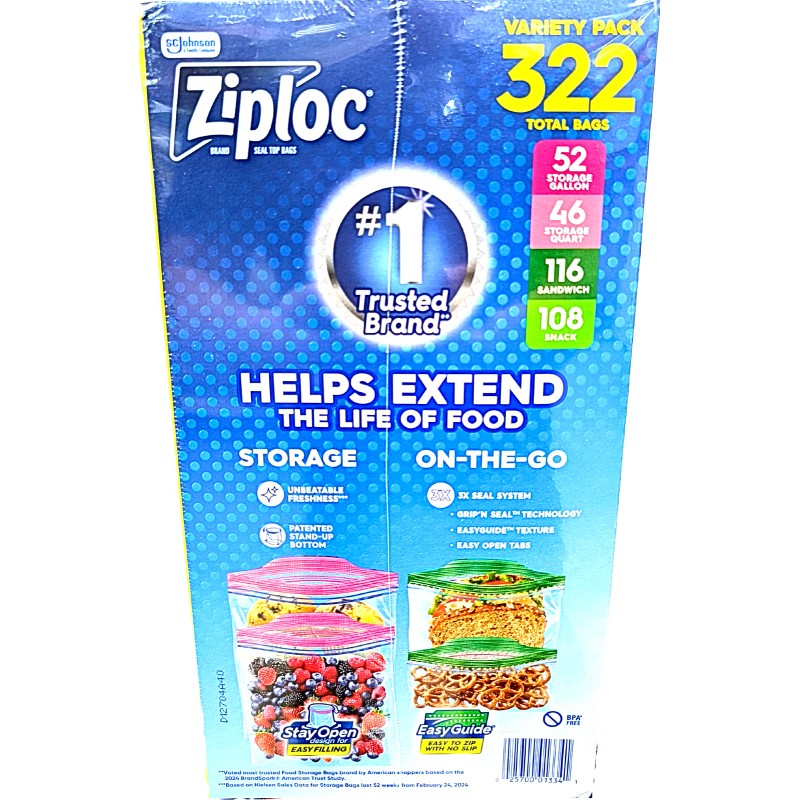 Ziploc Seal Top Bags Variety Pack Gallon Quart Sandwich Snack