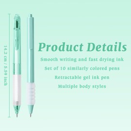 Valtiner 10 Pcs Gel Pens Ballpoint, Retractable Fine Point Pen Set, Smooth Writing Quick Dry 0.5mm Black Ink, Aesthetic Office School Supplies for Journaling Note Taking (Green)