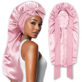 NICECONE Long Satin Bonnet for Women, Large Silky Hair Bonnet with Tie Band Adjustable Straps Jumbo Size Hair Sleeping Cap for Long Braid Curly Hair No Slip-Off (Pink)