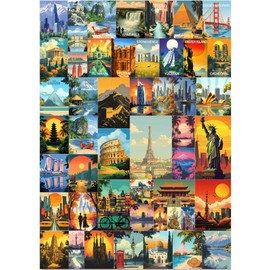 Vintage Jigsaw Puzzles for Adults 1000 Pieces Paris Italy World Travel Landscape Puzzles for Adults Landmarks Collage Poster Scenic Unique Colosseum Eiffel Tower Family Challenging Puzzle