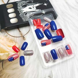 24Pcs 4th of July Press on Nails Short Square Independence Day Fake Nails with Silver Glitter Design American Flag Glue on False Nail Patriotic American Flag Artificial Stick on Nail for Women