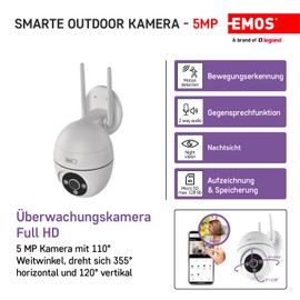 EMOS GoSmart - Smart Home Outdoor Surveillance Camera - 5MP Rotating WiFi IP Camera with App - Motion Detection, Siren, Night Vision - TUYA, LIDL and Smart Life Compatible - Waterproof - White