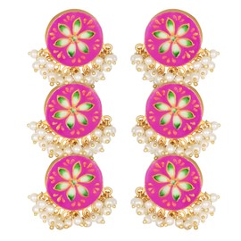 Aheli Traditional Wedding Party Wear Floral Enamel Dangle Earrings with Faux Beaded Tassel Indian Ethnic Fashion Jewelry for Women Girls