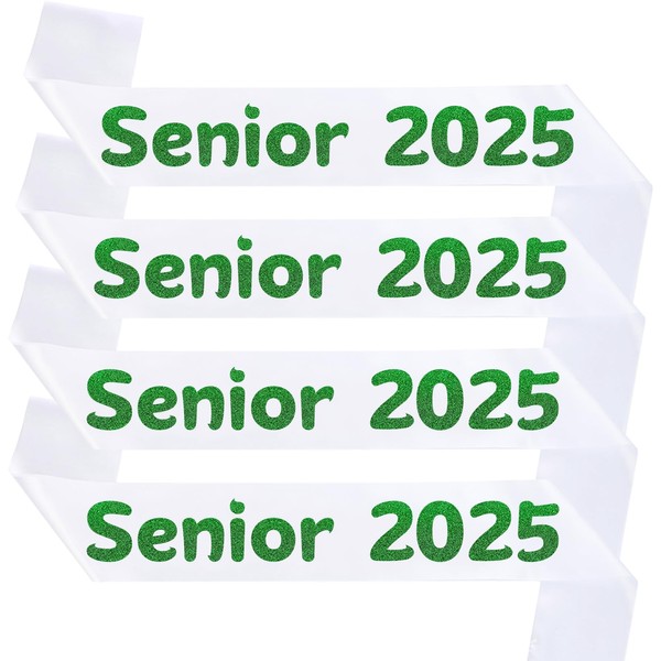 4Pcs White Senior 2025 Sash with Green Printing Letters, 2025