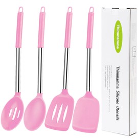 Silicone Spatula Spoon, Food Grade BPA Free Silicone Kitchen Spatulas Turner Spoons Set for Cooking, Heat Resistant Silicone Spatulas Mixing Stirring Spoons Utensils for Nonstick Cookware, Pink