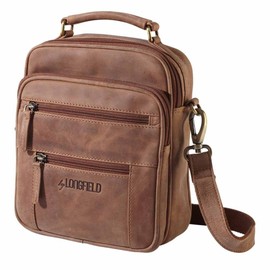 by LONGFIELD Cowhide Leather Men's Bag - Small Genuine Suede Look 7 Compartments Zip Up Strap/Handle with Metal Elements Vintage Shoulder Bag Brown, brown