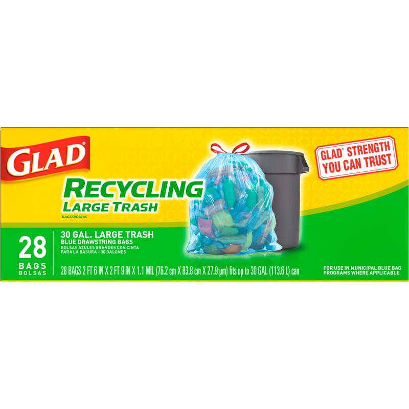 Glad Trash Bags, Large Drawstring Garbage Bags, 30 Gallon Blue