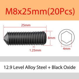 ORANXIN M8 x 25 mm Pack of 20 Taper Point Set Screws Level 12.9 Alloy Steel Hexagon Socket Cap Grub Screws Pointed Tip All Button