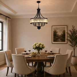 5-Light Black Crystal Chandelier | 20" Farmhouse Dining Room Light Fixture Over Table Adjustable Height Hanging | Modern Pendant Lights Kitchen Island Apply to Living Room | Bedroom | Entryway