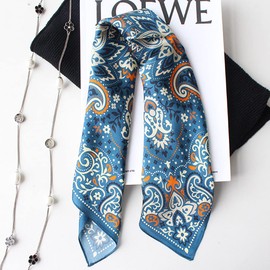 MEISEE Pure Natural Mulberry Silk Scarfs Women Small Square Scarf 21" x 21" Breathable Lightweight Neckerchief Printed Headscarf (Z2-Blue Orange Cashews)