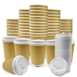 Cupsado - 50 x 12oz Cups + Lids - Ripple Wall Disposable Coffee Cups Includes Leak Proof Lids – 3 Ply Insulated Triple Wall Kraft Paper Cups for Hot Liquids – Best Takeaway Cups (12 oz)