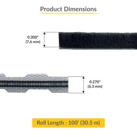 Brixwell Zipper Pile Weatherstrip - 100' Roll, 0.300" Pile Height, Gray Finish, Zipper Weatherization Seal for Windows & Doors, Weatherstrip Replacement, Door Weather Seal