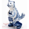 Gzhel Hand painted Porcelain Figurine of fisherman cat with a