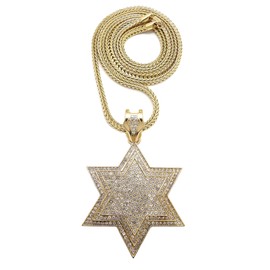 Fashion 21 Men's 3D Iced Out Star of David Pendant 4mm 36" Franco Chain Necklace in Gold, Silver Tone (Gold / 4mm 36" Franco Chain)