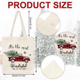 Whaline 3Pcs Christmas Canvas Tote Bags Plaid Xmas Tree Truck Snowman Grocery Shopping Bag Xmas Winter Reusable Gift Goodie Bag for Gifts Wrapping Storage, 13.4 x 15.8in