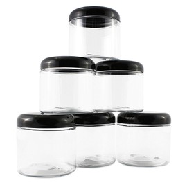 16oz Clear Plastic Jars w/Domed Lids (6 pack); BPA Free PET Stackable Straight Sided Canisters for Bathroom & Kitchen Storage of Dry Goods, Creams and More