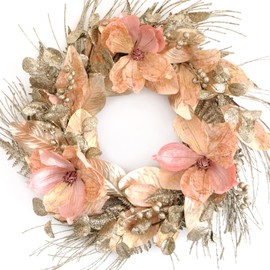 Idyllic 18 Inch Winter and Christmas Magnolia Flowers Gold Glitter Wreath for Home and Front Door Decor, Pink and Gold Magnolia Flower Wreath for Indoor