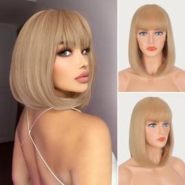 FESHFEN Short Blonde Bob Wigs with Fringe for Women, Medium Length Synthetic Wigs, Straight Hair Wigs for Women, 35 cm