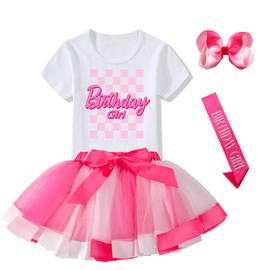 K-Acc Birthday Girl Outfit - Birthday Girl Sash, T-Shirt, Tutu Skirt and Hair Bow - Gifts for Girls Birthday Party (6 Years, White 1)