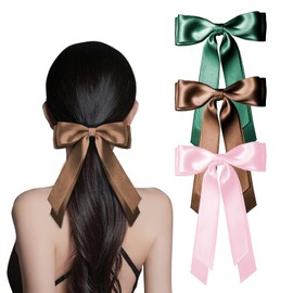 Silky Satin Hair Bows Clips 3PCS Double Layer Hair Ribbon Hair Barrettes With Long Tails for Women and Girls Daily Hair Accessories (Dark green,Brown,Rose Pink)
