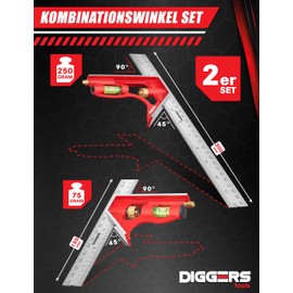 Diggers Tools Combination Square Set 150 mm & 300 mm [Precise 45/90° Angle] Metric Universal Combination Angle with Stop - Versatile Stop Square Metal with Spirit Level - Combination Square