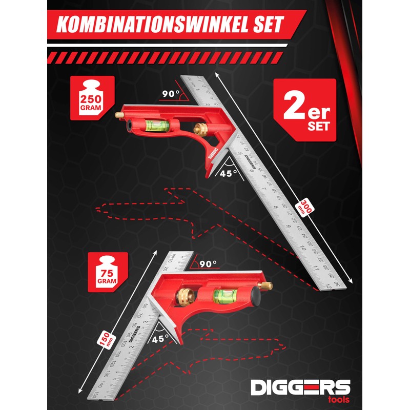 Diggers Tools Combination Square Set 150 mm & 300 mm