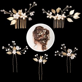 Wedding Bridal Hair Pins 5 Pieces Hair Side Combs Pearl Flower Hair Clips Rhinestone Hair Accessories for Women and Girls