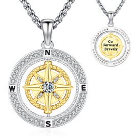 Eusense 925 Sterling Silver Compass Necklace Compass Pendant Chain Gifts for Father's Day Graduation Gift Jewellery for Men Women, Sterling Silver, No Gemstone