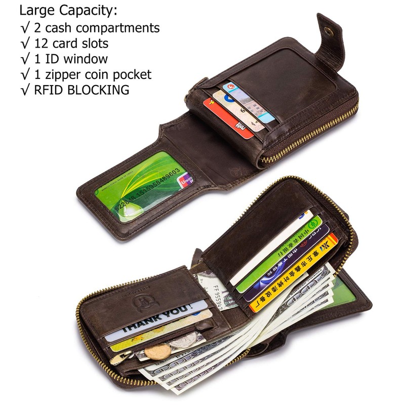 BULLCAPTAIN Genuine Leather Men Wallet with ID Window RFID Blocking