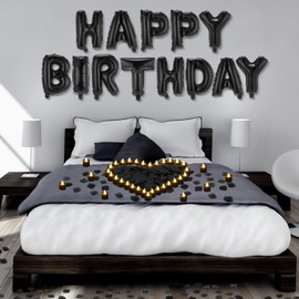 Charnoel Black Happy Birthday Balloons Decorations Happy Birthday Letter Balloons Banner Set with 24pcs Flameless LED Candles and 2000pcs Artificial Rose Petals for Women Men Room Party Decor