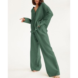 codcm Womens Cotton Gauze Loungewear Sets Casual 2 Piece Sleepwear Button Down Shirt and Wide Leg Pants Outfits(Green,Large)
