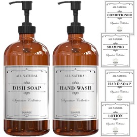 Sunrise Premium, 16 OZ Thick Amber Glass Soap Dispenser with Plastic Pump 2 Pack, Hand and Dish Soap Dispenser Set for Bathroom with 6 Waterproof Labels