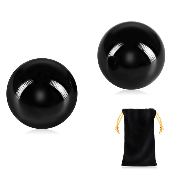 Learay 2PCS Black Obsidian Baoding Balls, Chinese Health Exercise Massage Balls with Carry Pouch for Stress Relief Hand Exercise Balls (Black, 1.57 inch)