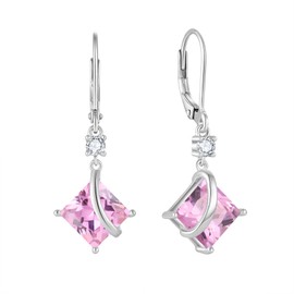 Inpasne Square Princess Cut Drop Dangle Earrings 925 Sterling Silver Solitaire Leverback Earrings Pink Tourmaline October Birthstone Jewelry Gifts for Women