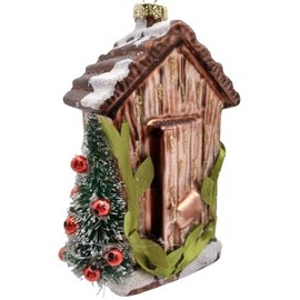 OnHoliday Glass Frosted Rustic Brown Outhouse with Decorated Pine on Left Hanging Christmas Tree Ornament