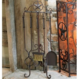 BLACK FOREST DECOR Lone Star Fireplace Tool Set (5 pcs) – Western Metal Hearth Tools with Stand, 10" W x 10.5" D x 28" H