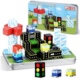 QOUBAI 45PCS Mini Magnetic Blocks Travel Toys, Magnet Building Cubes Tiles Set with Portable Iron Case, Learning Activities Gifts for Kids Toddlers Boys & Girls Ages 3-8 (Traffic Road)