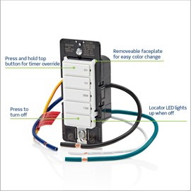 Leviton DT202-1LW Countdown Switch for lights, attic, heaters, pool pumps, 15-30 min, 1-2 hour, Neutral Wire Required, 20A, 1 HP/16A Fan/Motor, Single Pole, Multi-Way or Multi-Timer, White