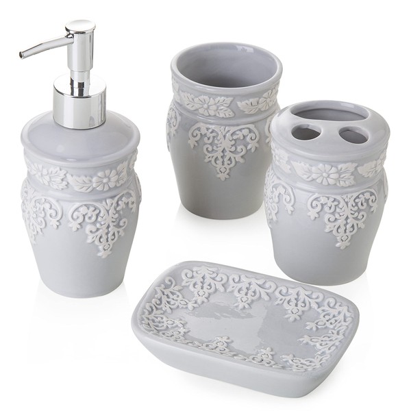 MONTEMAGGI 4 Piece Ceramic Bathroom Set Light Grey Includes Dispenser, Toothbrush Holder, Tumbler and Soap Dish