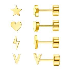 4 Pairs Tiny Flat Back Earrings for Women Gold Silver Heart Star Earrings Lightning V Flatback Stud Earrings Thread Cartilage Earrings Dainty Nap Earrings for Tragus Helix Piercing, Small, Metal, No