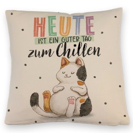 Glückskatze Cushion with Linen Look with Saying Heute ist ein guter Tag zum Chillen a Comfortable Decorative Cushion with Linen Look for the Couch Cat Motif Cuddly Cushion with
