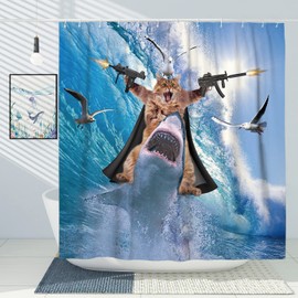 DESIHOM Funny Cat Tall Shower Curtain Set Cat Riding Shark Theme Ocean Shower Curtains for Bathroom Fun Nautical Kids Bathroom Decor Polyester Fabric-72" x 78"