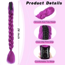 Long Purple Braid Cosplay Hair Extensions Synthetic Fiber Box Braiding Hair 26 INCH Easy Claw Clip ponytail extension for Cosplay Halloween Costume (Purple, 26 Inch)