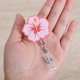 Cute Hibiscus Flower Badge Reel, Retractable ID Card Pink Badge Holders