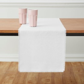Solino Home Fringe Linen Table Runner 36 Inch – 100% Pure Linen White Short Table Runner 14 x 36 Inch Ideal for Dresser and Coffee Tables - Spring, Easter