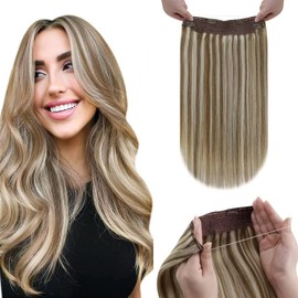 LaaVoo Secret Real Hair Extensions with Invisible Wire, Highlighted Golden Brown with Light Blonde, Wire Extensions, Real Hair, Fish Wire, Remy Secret Hair, #P8/60, 80 g, 40 cm