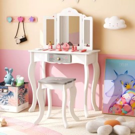Costway Girls Vanity Makeup Dressing Table & Stool Set Gift Kids With Tri-Folding Mirror